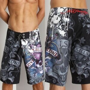 {L/33} Ed Hardy Love Kills Slowly Paint Board Shorts Black Swim Trunks